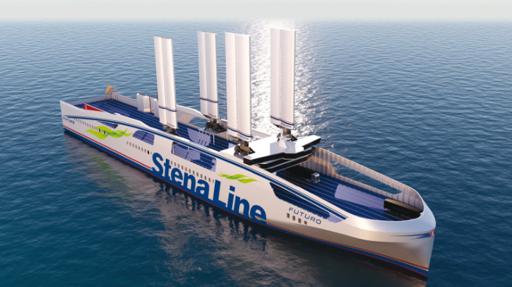 A render of Stena Line's concept for its new generation of ro-ro vessels sails across open water.