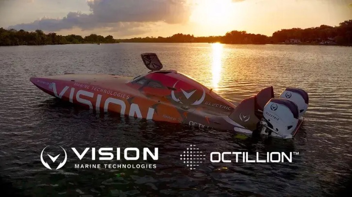 A red Vision Marine Technologies floats on the water at sunset.