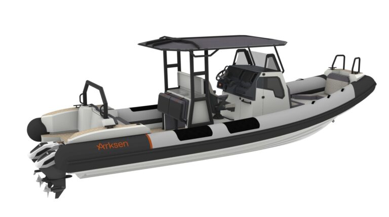 A render of a small boat, seen in profile against a white background