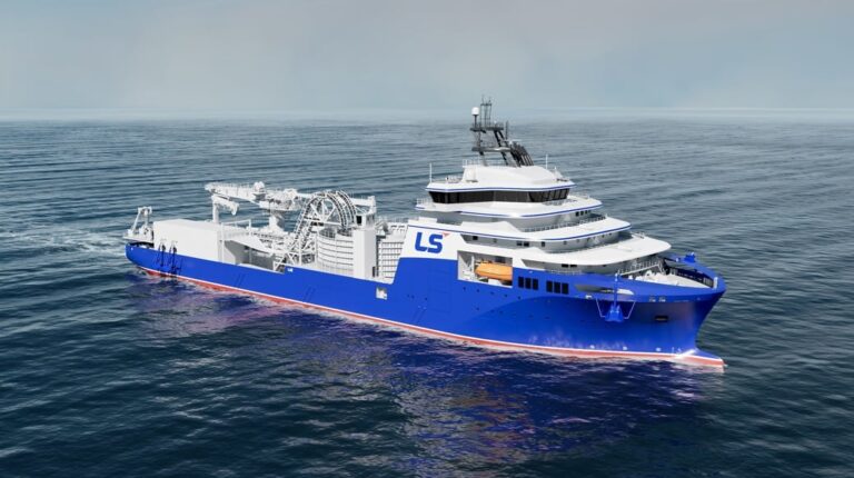 Design render of the LS Marine Solution’s advanced cable laying vessel, for which Kongsberg Maritime will deliver the integrated technology package.