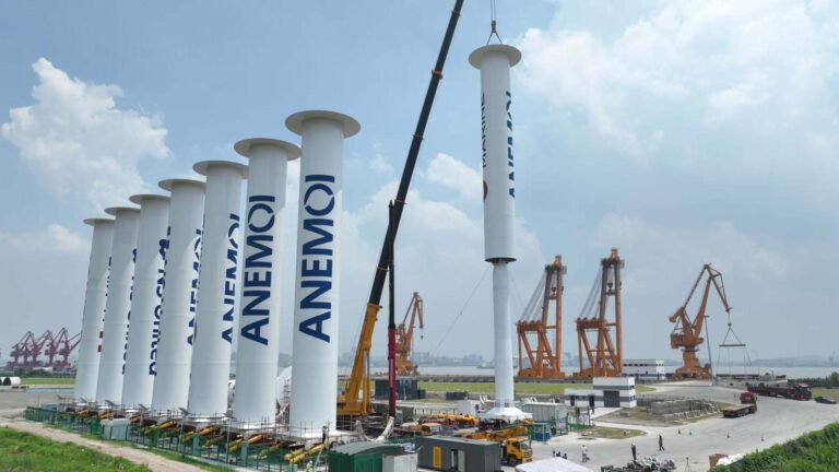 Anemoi's production facility in China, with eight tall Rotor Sails under construction.