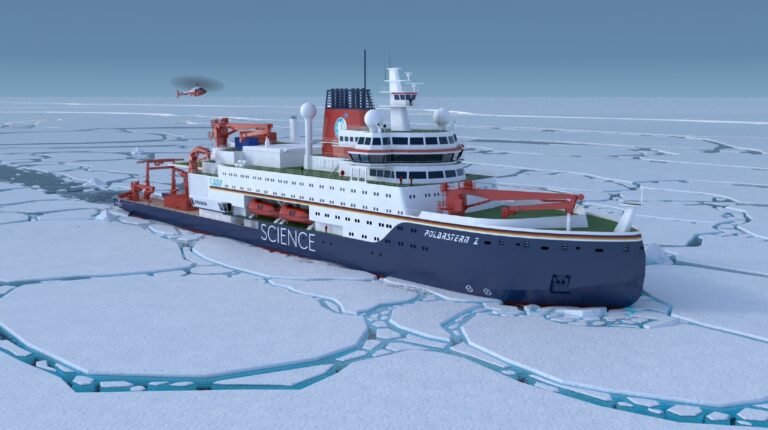 Design render for the new Polarstern 2 research vessel sailing through an ice-covered seas.