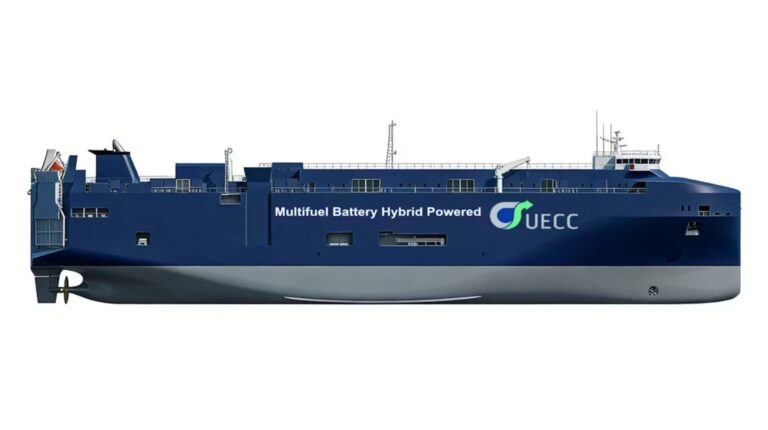 A profile photo of one of the two eco-friendly PCTC new-builds ordered by UECC and to be built at China Merchants Jinling shipyard. The ship is dark blue and has a grey hull.